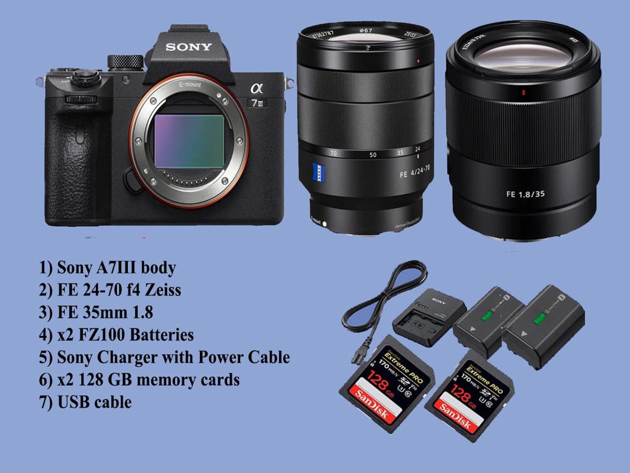 Sony a7 iii, a73 with fe 24-70 z and fe35mm 1.8 lenses 