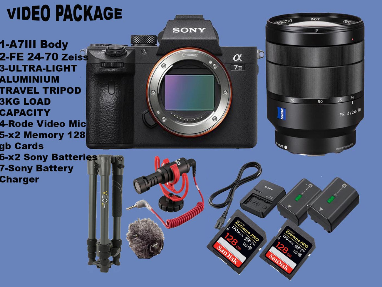 Sony a7 iii plus fe 24-70 f4 zeiss with full video package