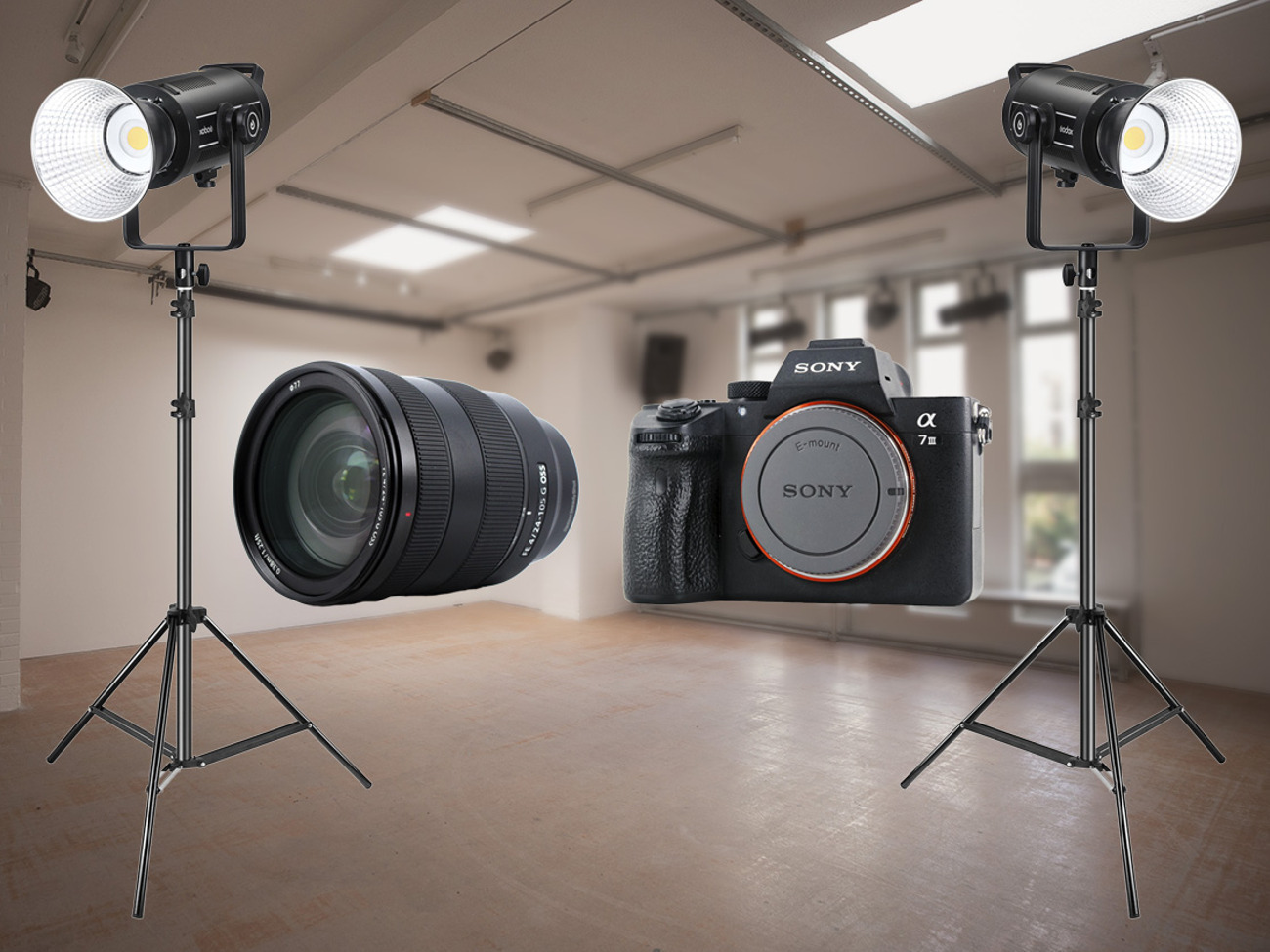 Sony a7iii (a73) camera, 24-105 lens & 2 godox sl150 lights