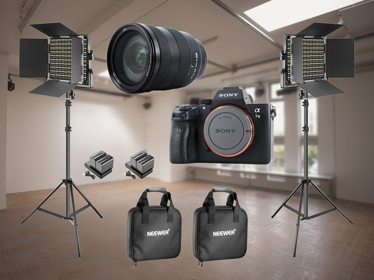 Sony a7iii (a73) camera, 24-105 lens & 2 x neewer led panels