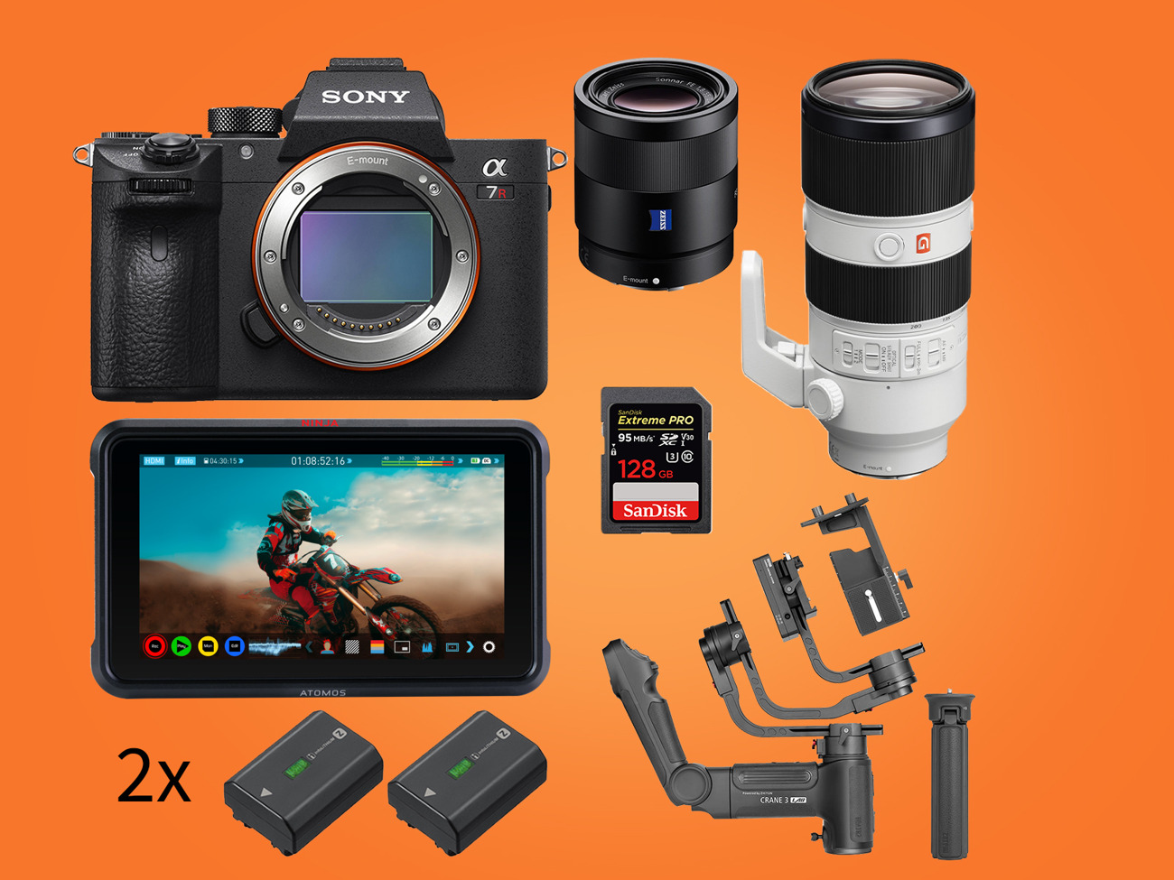 Sony a7iii, atomos, crane 3 stabiliser gimbal, 70-200mm, 55mm (pro bundle)