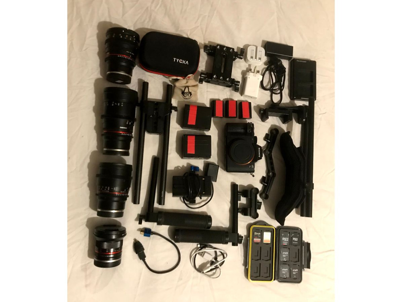 Sony a7s ii kit with lens set, shoulder rig, batteries, etc