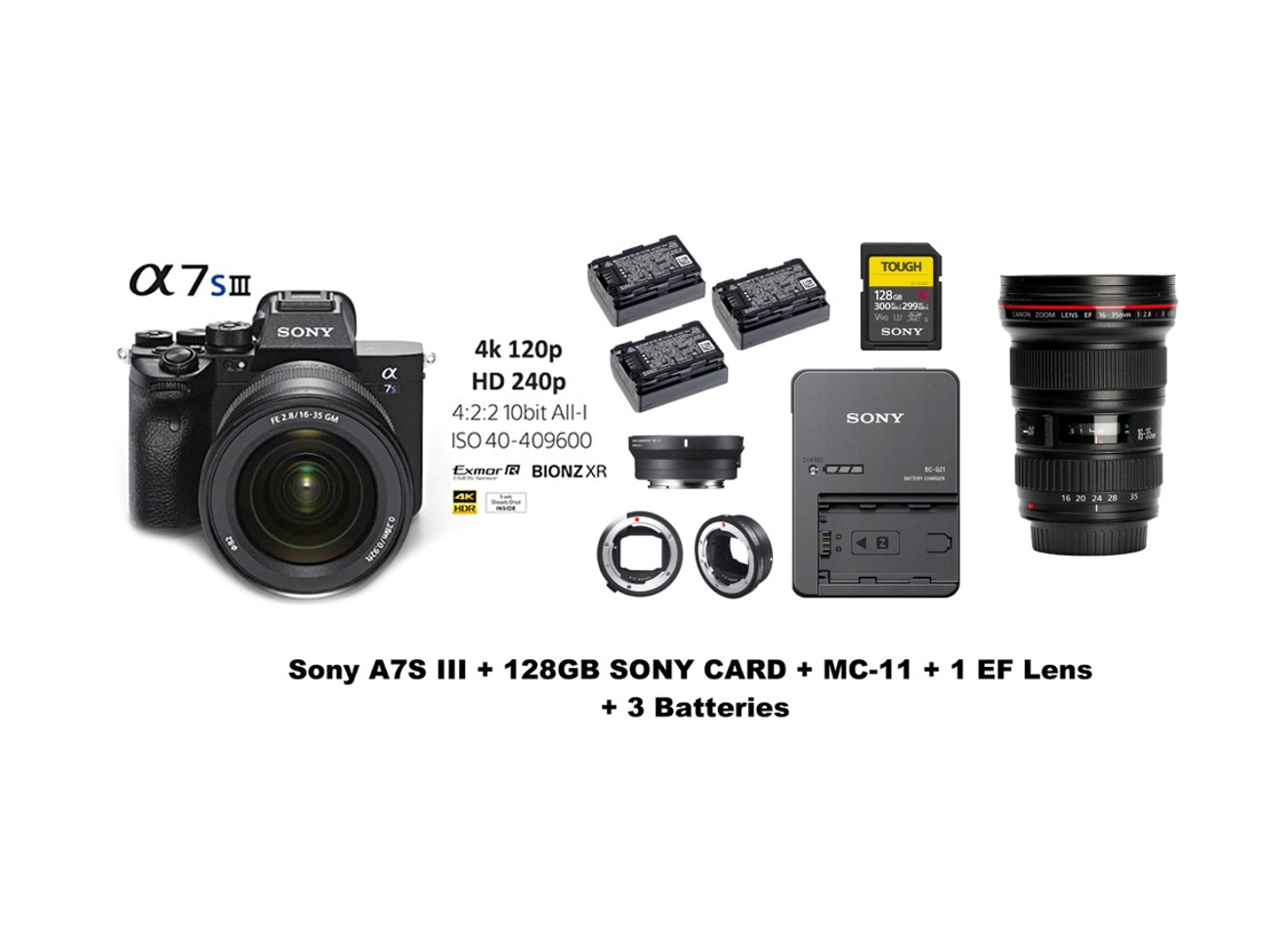 Sony a7s iii + 128gb memory card + 3 batteries + 1 ef lens 