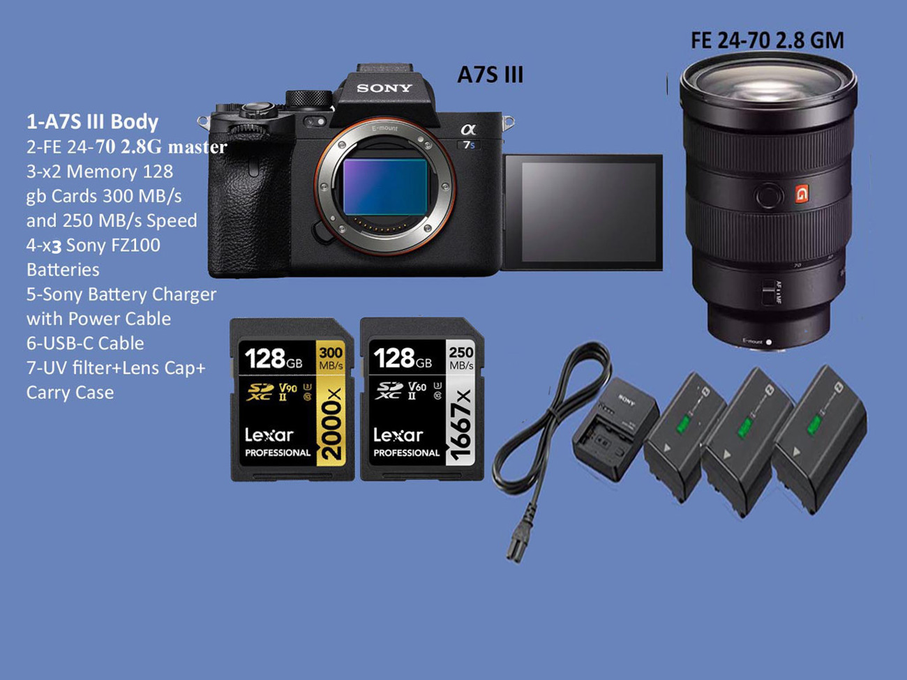 Sony a7s iii , sony a7siii , sony a7s 3 with fe 24-70 2.8 g master (hire for 7 days and only pay for 4 days)