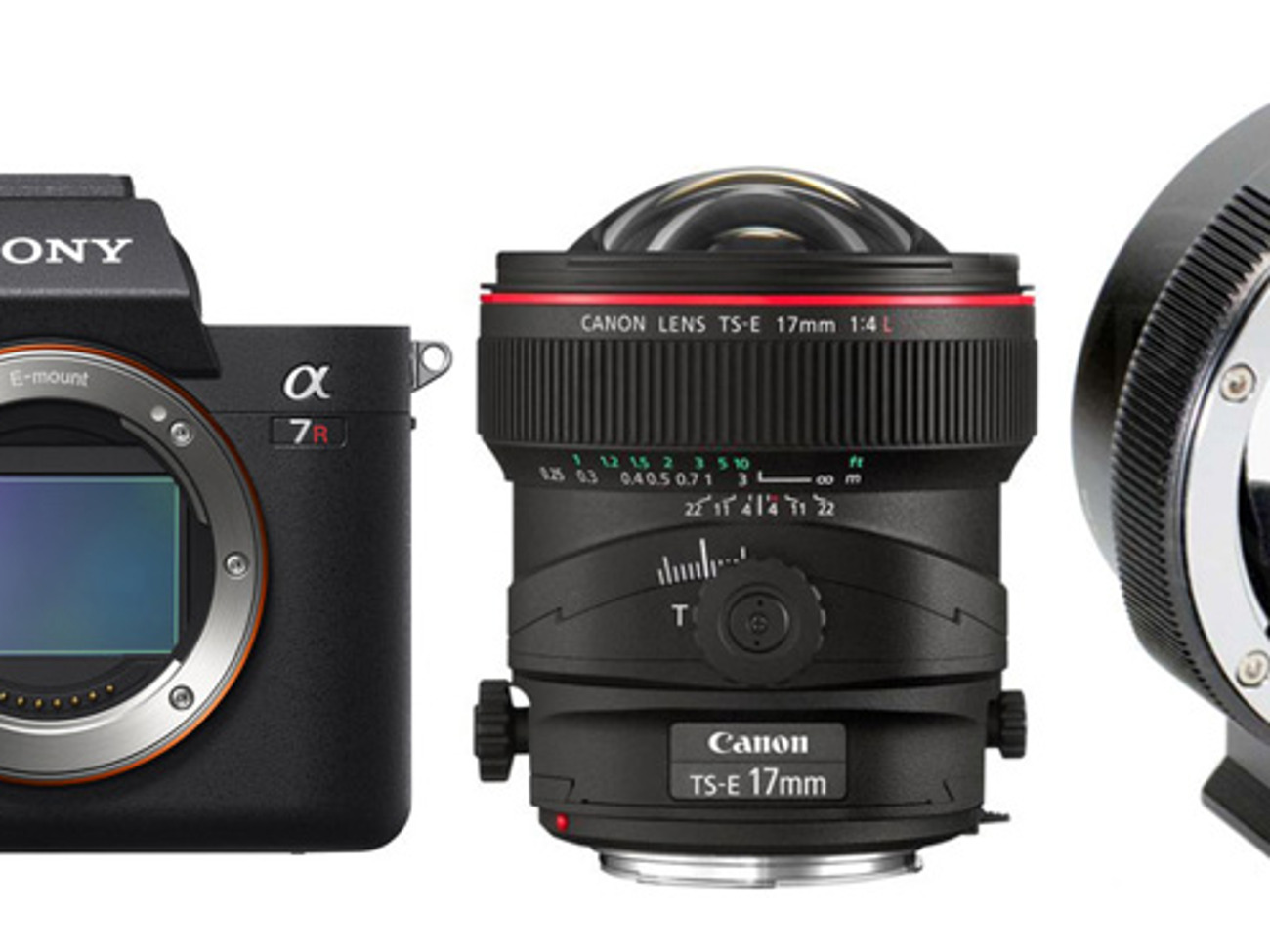 Sony a7r iv digital camera body with  metabones  canon 17 tilt shift architectural combo
