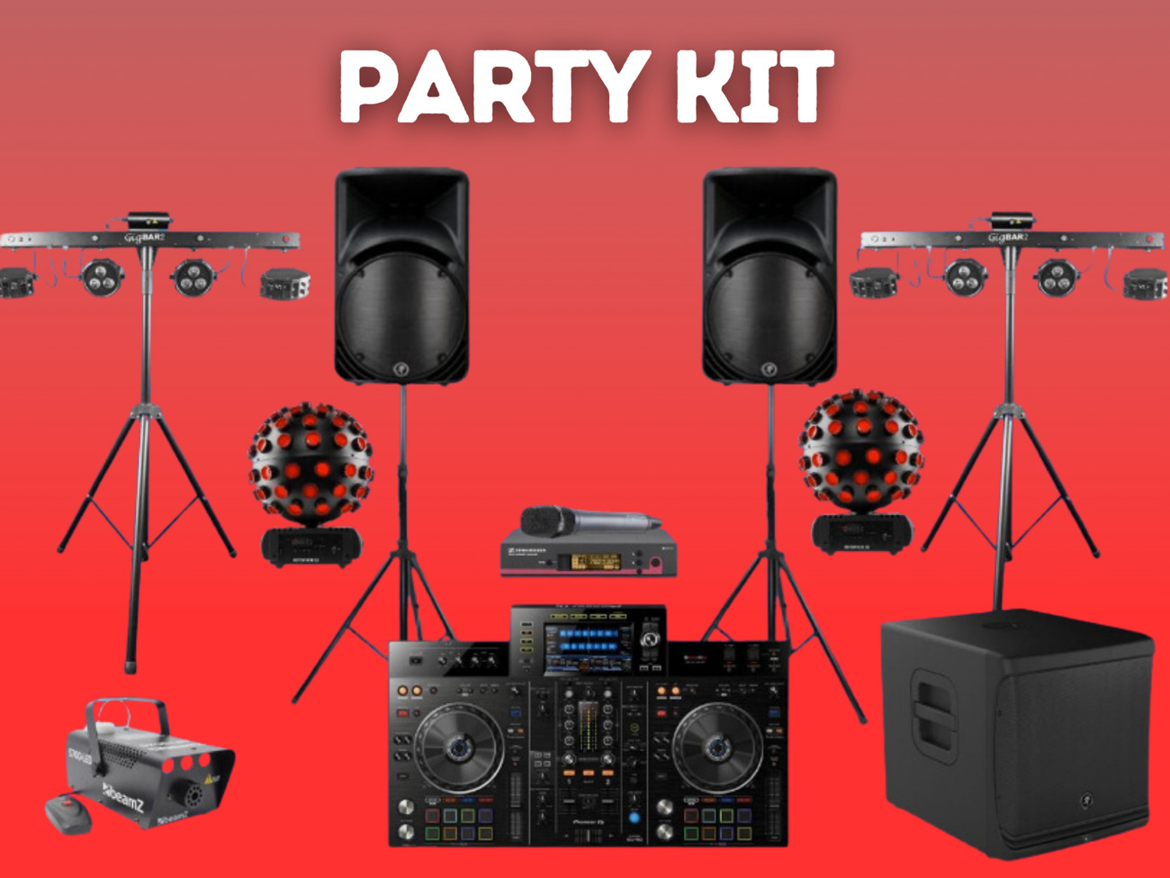 Speakers, lights, smoke machine, pioneer xdj rx2, sub