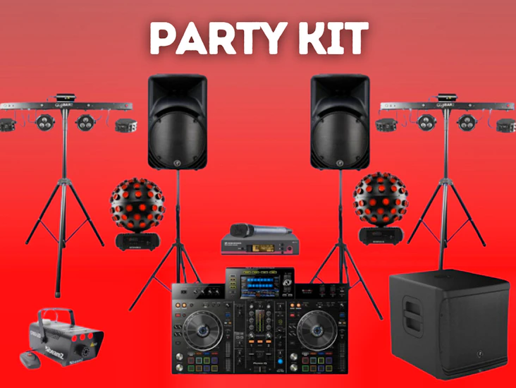 Speakers, lights, smoke machine, pioneer xdj rx2, sub