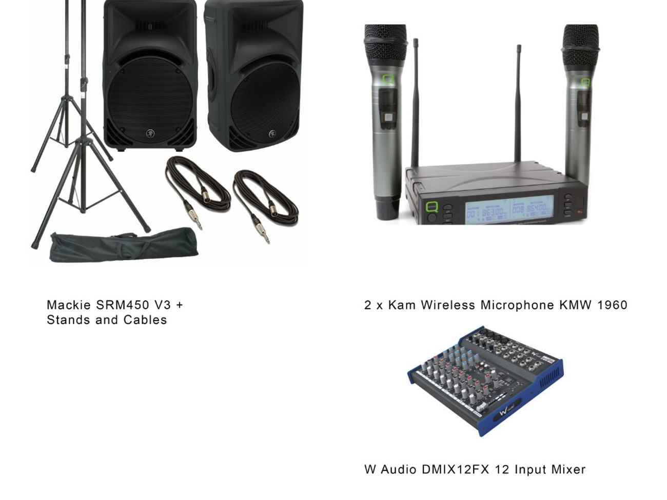  2 x mackie srm 450 v3 speakers 2000w  + stands, + 2 wireless microphones + mixer