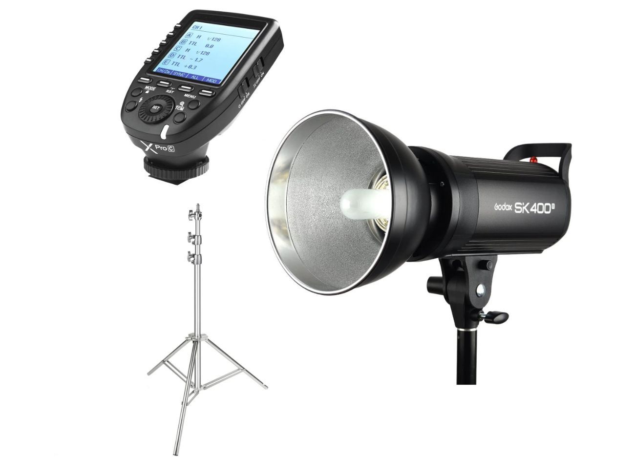 Studio strobe flash, trigger and light stand