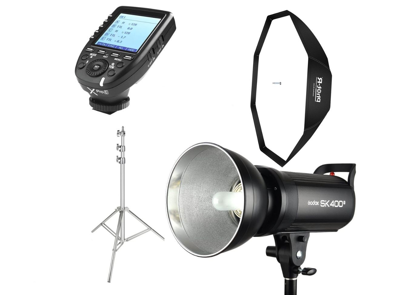 Studio strobe flash, trigger, light stand, 120cm octobox