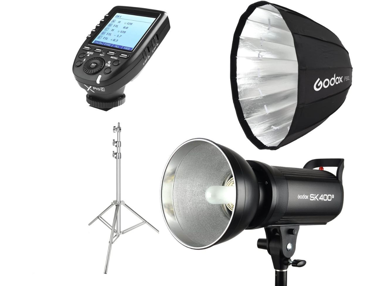 Studio strobe flash, trigger, light stand, 90cm deep softbox