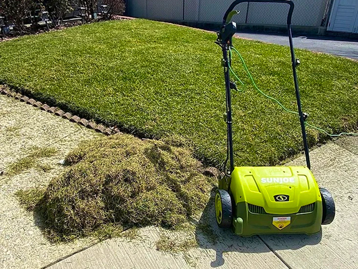 Sunjoe dethatcher / scarifier (13”) & extension cord.