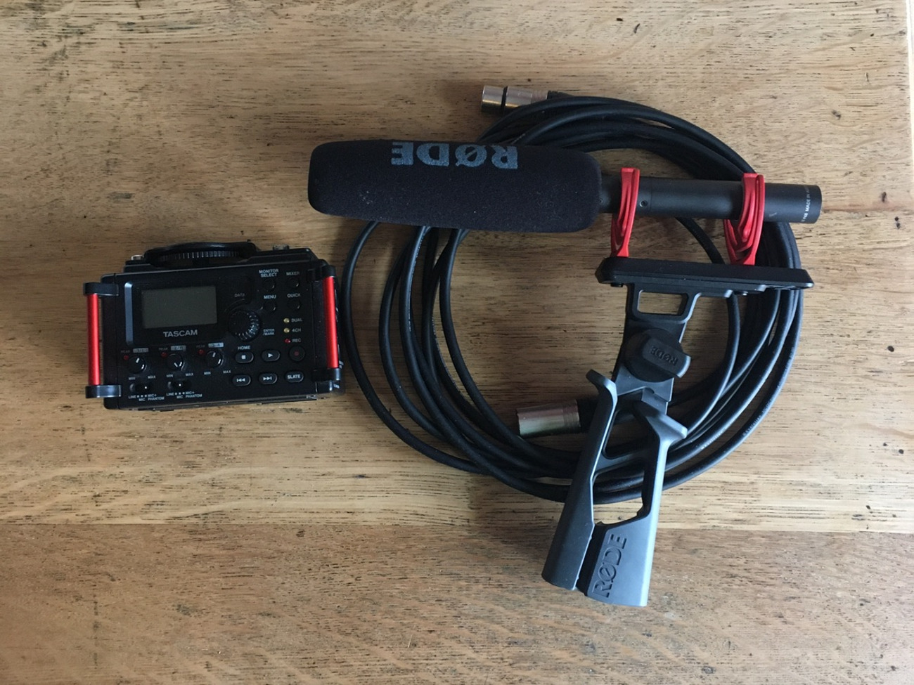 Tascam recorder, rode shotgun mic & holder, xlr