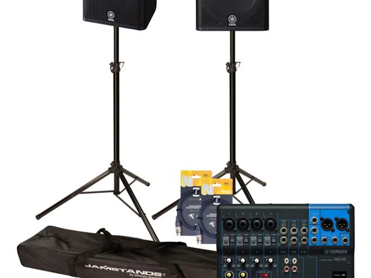 Technician + yamaha dxr15 active pa system with soundcraft signature 12 track digital mixer, mics and stands