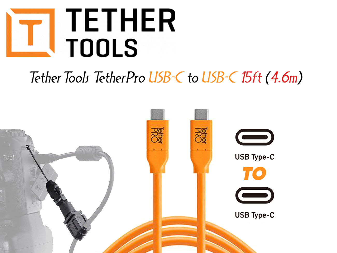 Tethertools pro usb-c to usb-c 15ft (4.6m) orange+clamp
