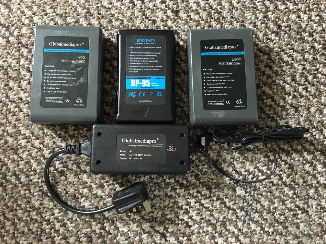 Three v-lock batteries, 95 wh, d-tap charger