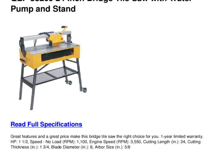 Tile saw w/stand, water pump and laser cutting guide