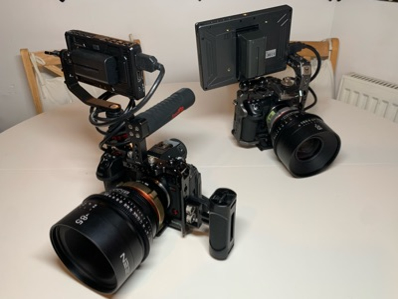 Two built cameras with cine prime lenses + monitors 