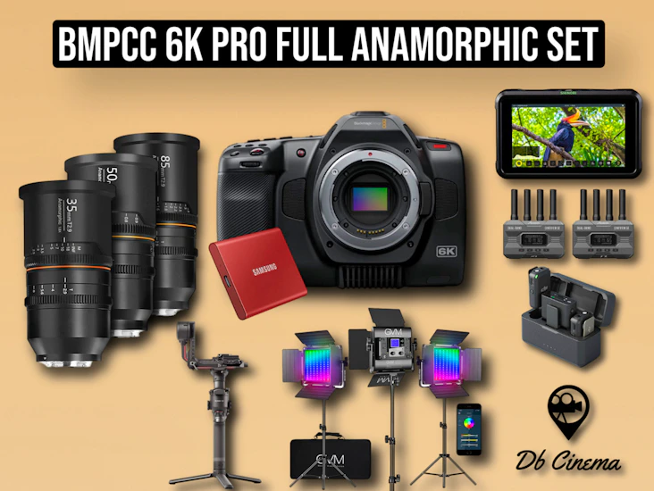 Anamorphic cinema lenses short film bmpcc 6k pro set + dji gimbal + lav mics + transmitter image