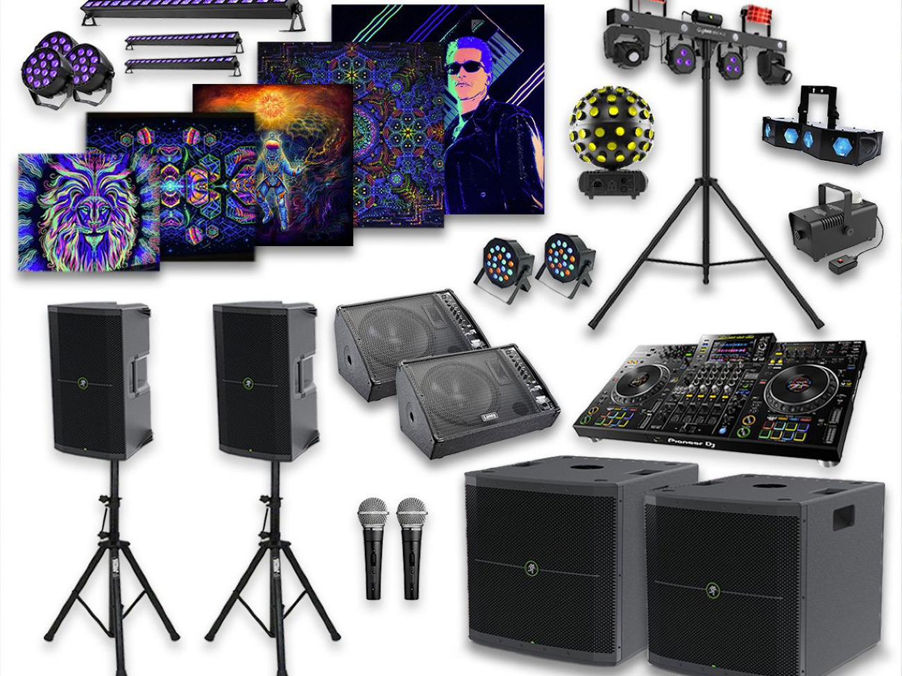Ultimate party package - speakers, lights, uv tapestries