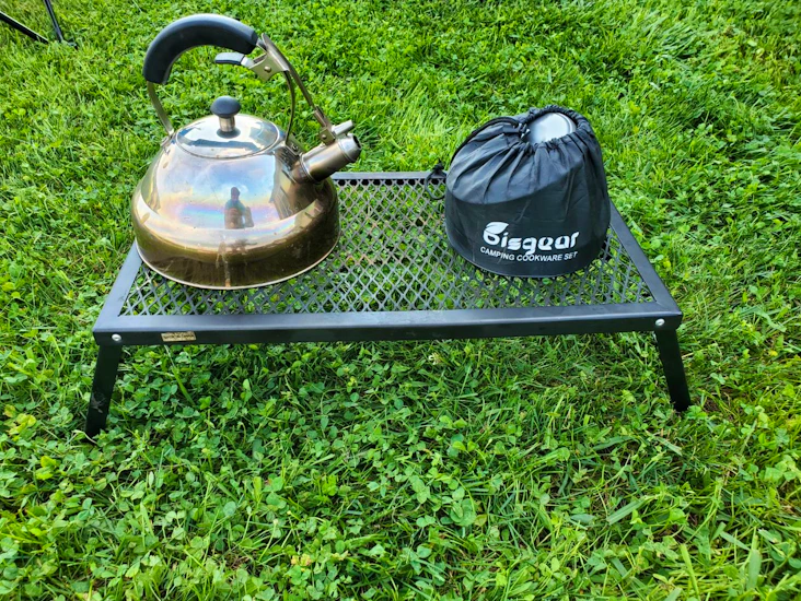 Whistling tea kettle + over-fire grill + camping cooking kit