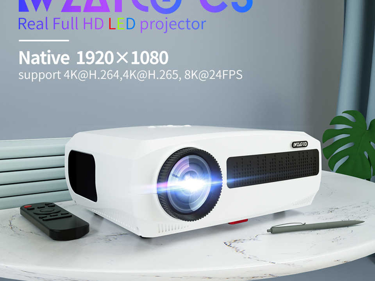 Wzatco c3 led projector 4k wifi up to 7000 lumens and 300"