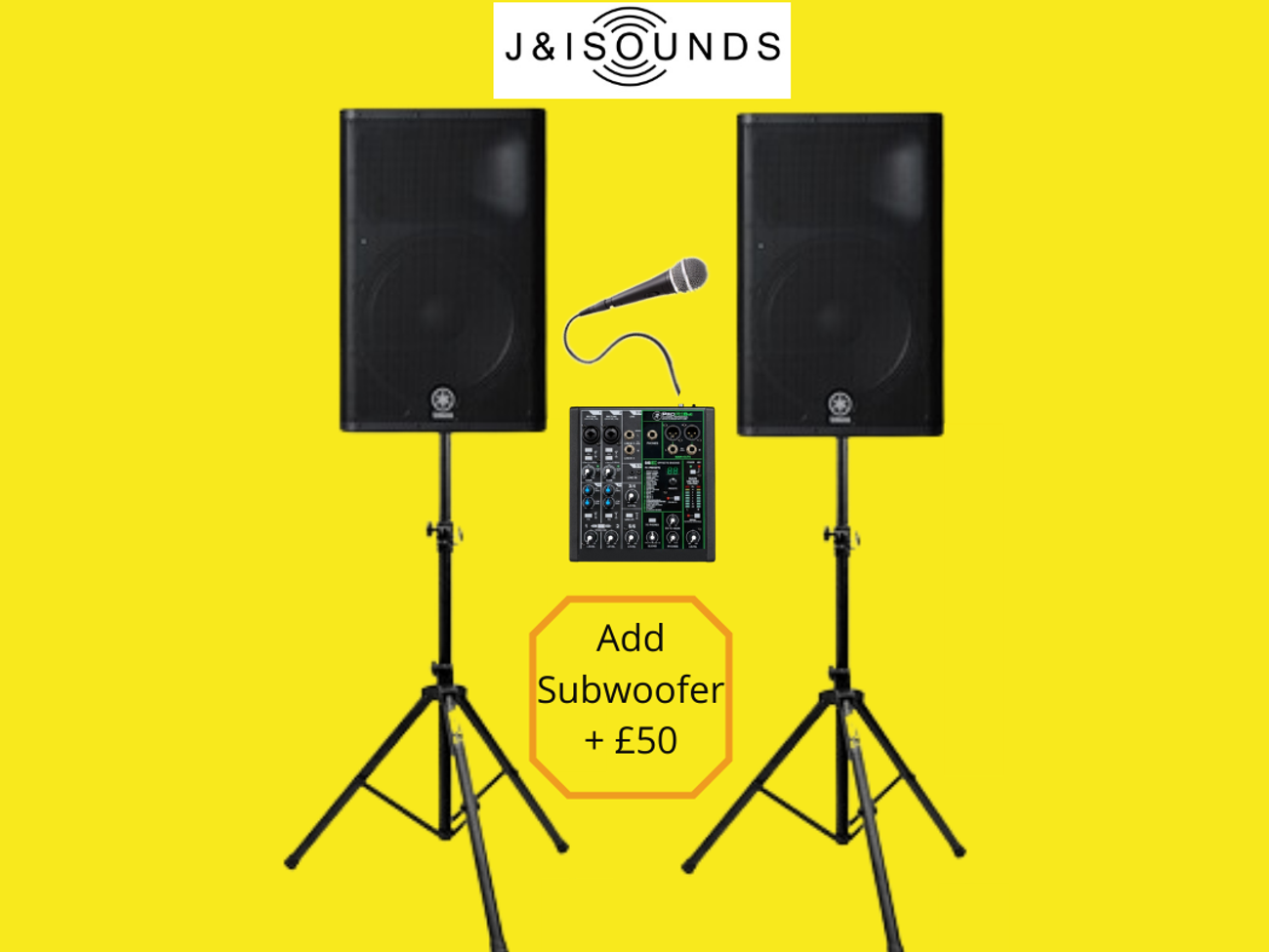 X2 active speakers (15"), mixer, wired microphone + cables 