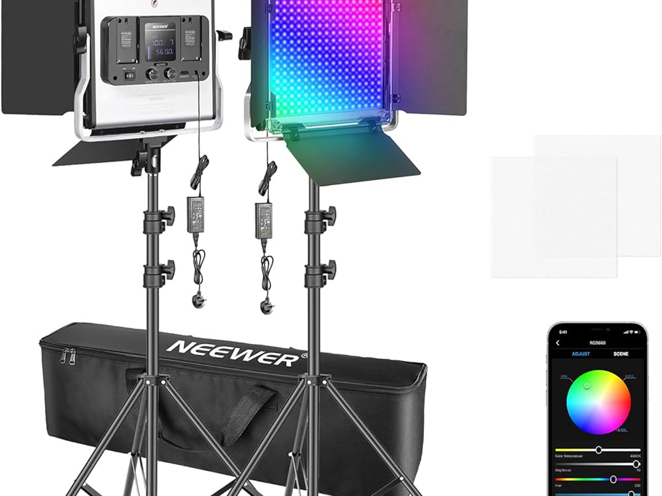 X2 neewer 660 pro smart led light panel & x2 stands