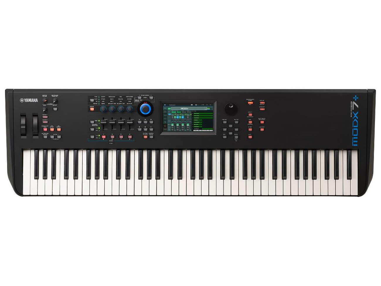 Yamaha modx 7+ keyboard with piano stand, sustain pedal and flight case