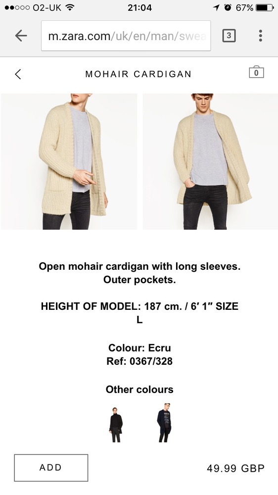 Rent Zara Studio Mohair Open Mens Cardigan with Long Sleeves Outer Pockets in Large Brand New In Ecru from Alok Stratford Newham for 4 day