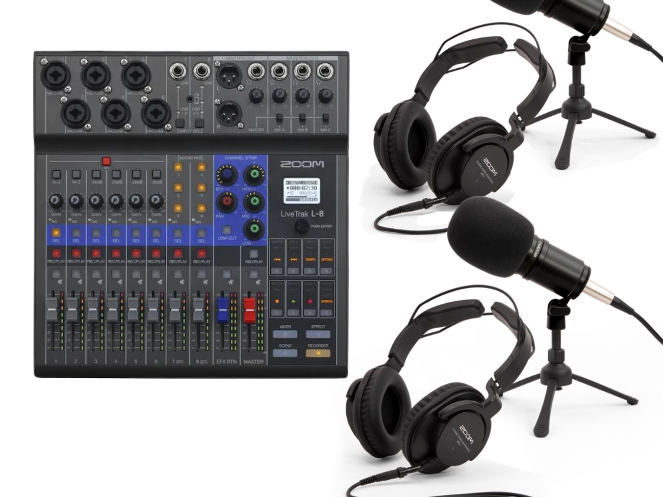 Podcast mic set zoom livetrak l8 + 2x zdm-1 mic & headphones set