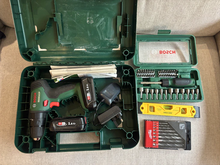 Bosch cordless angle drill, screwdriver, level