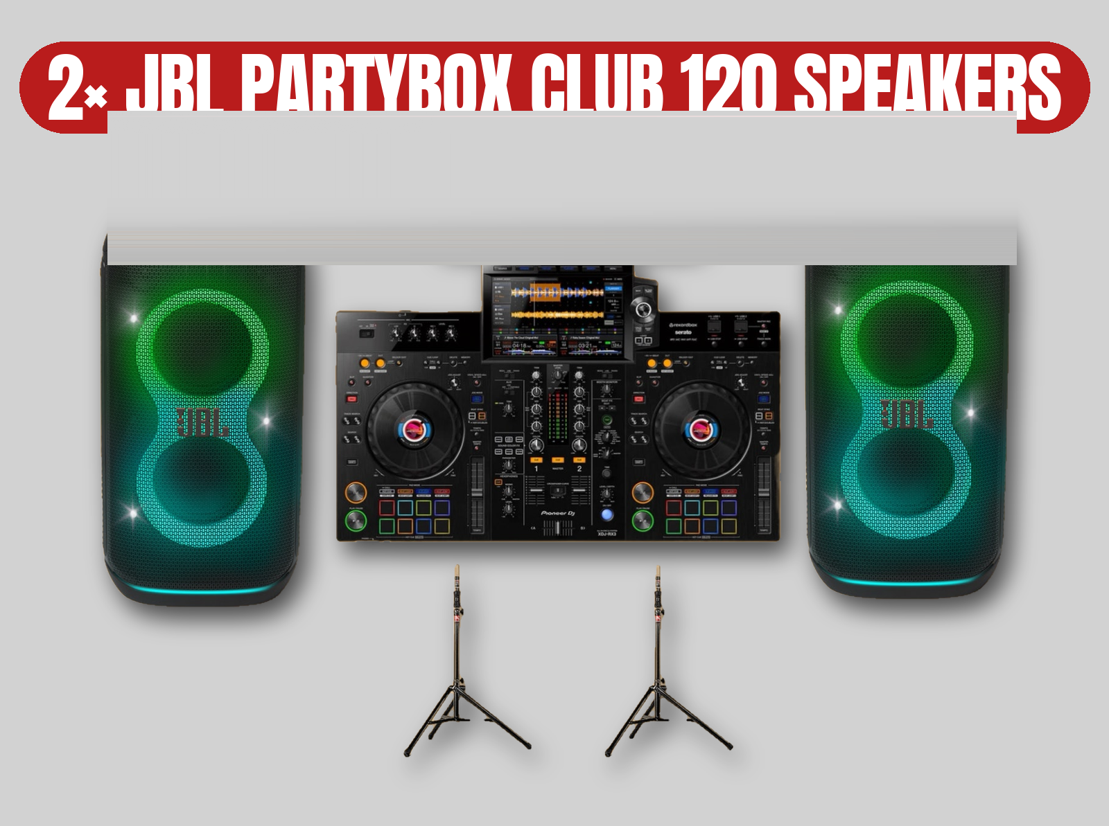 Jbl partybox club 120 speakers (x2) + pioneer dj deck rx2 controller | full dj party sound system, rekordbox controller, event speakers
