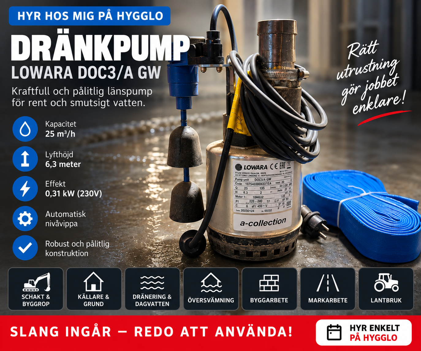 Dränkbar länspump lowara 25 m³/h inkl. slang – dränering, schakt & översvämning 