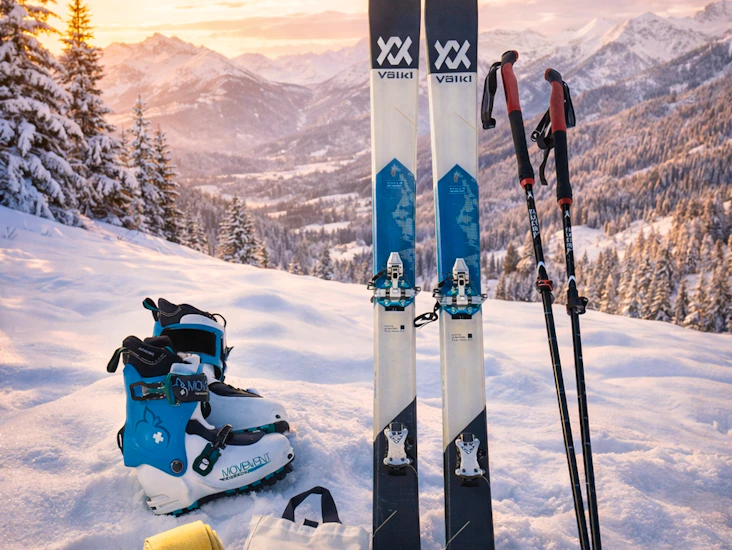 Toppturpakke med ski, sko, staver og feller