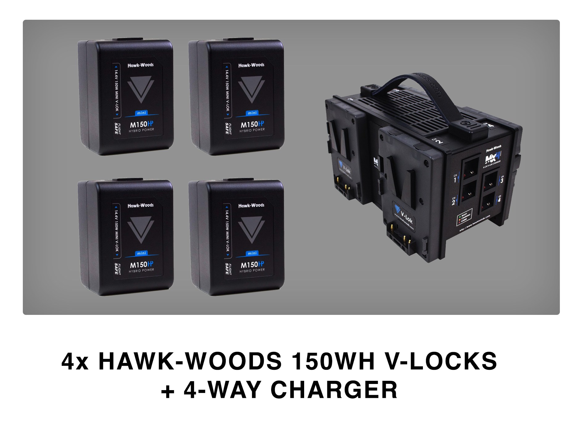Set of 4x hawk-woods 150wh mini v-locks v locks + 4-way charger
