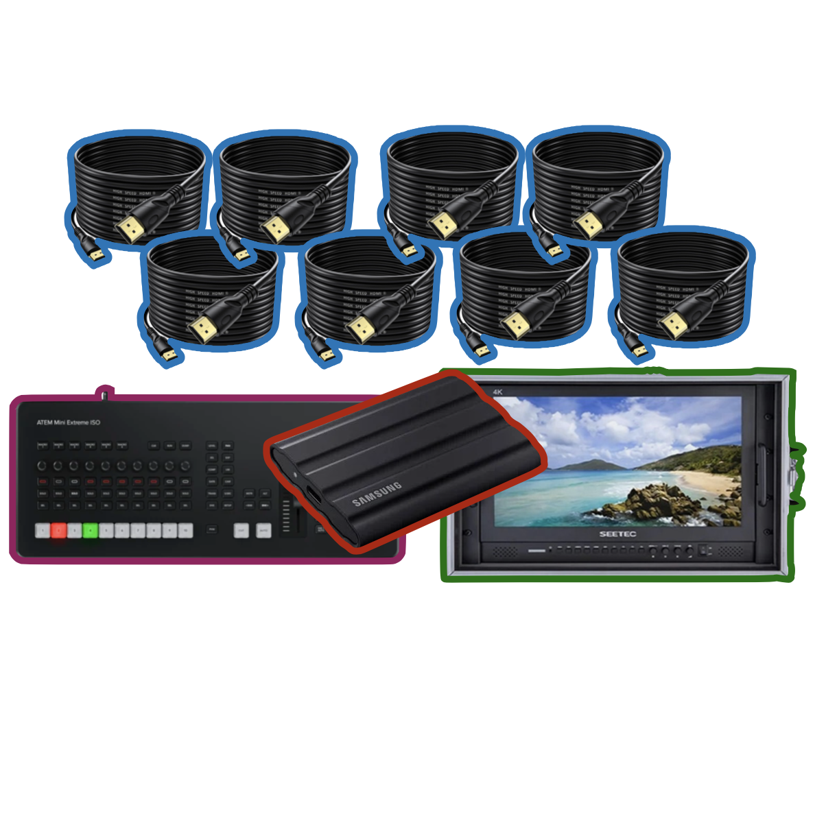 Blackmagic atem mini extreme iso g2 + 8x 20m hdmi cables + 16" monitor + 2tb ssd