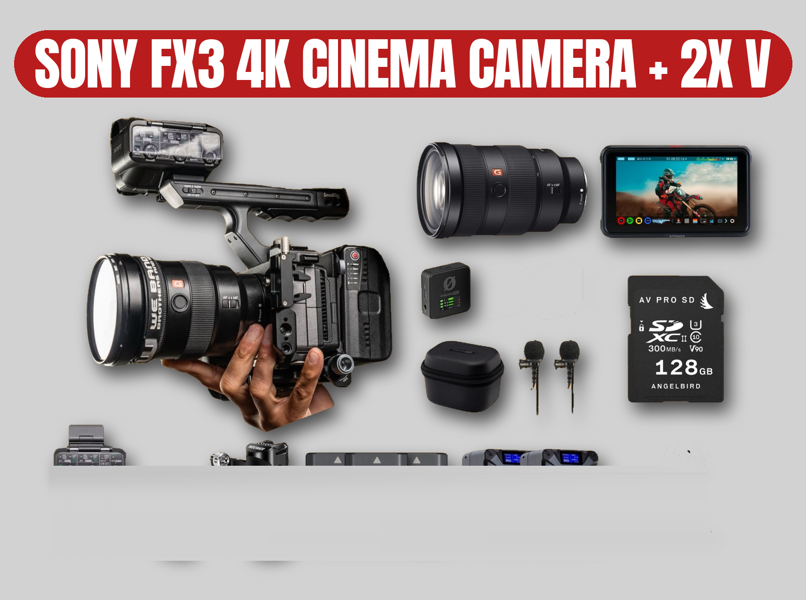 Sony fx3 4k cinema camera | g master zoom / 1tb ssd / v-mount / atomos monitor / rode wireless pro mic kit