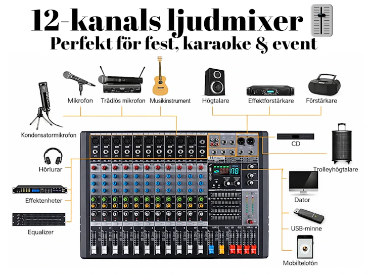 🎚️ 12-kanals mixer / ljudmixer med bluetooth & effekter – perfekt för fest, karaoke & event 🎤🔊