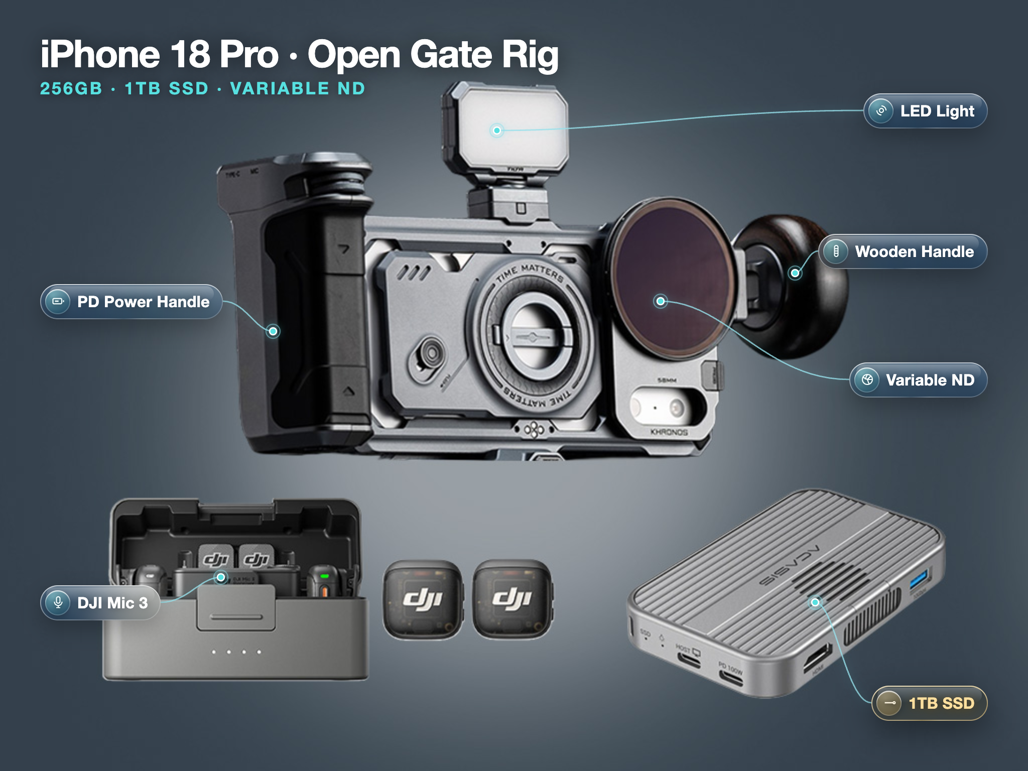 Full opengate rig iphone 18 pro 256gb + 1tb ssd + dual dji mic 3 + tilta nd