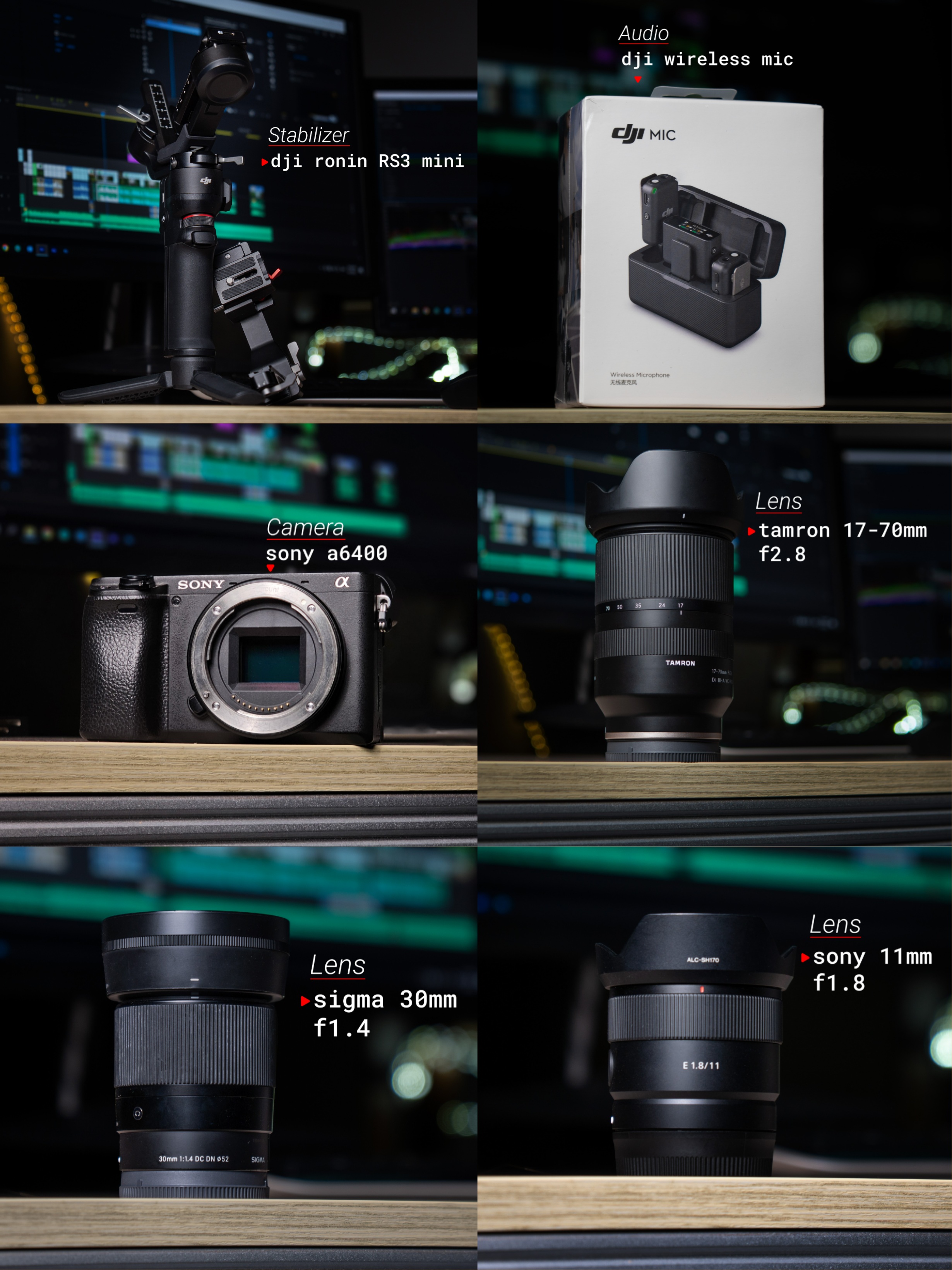6 items: a6400 + 3 lenses + ronin + wireless mic