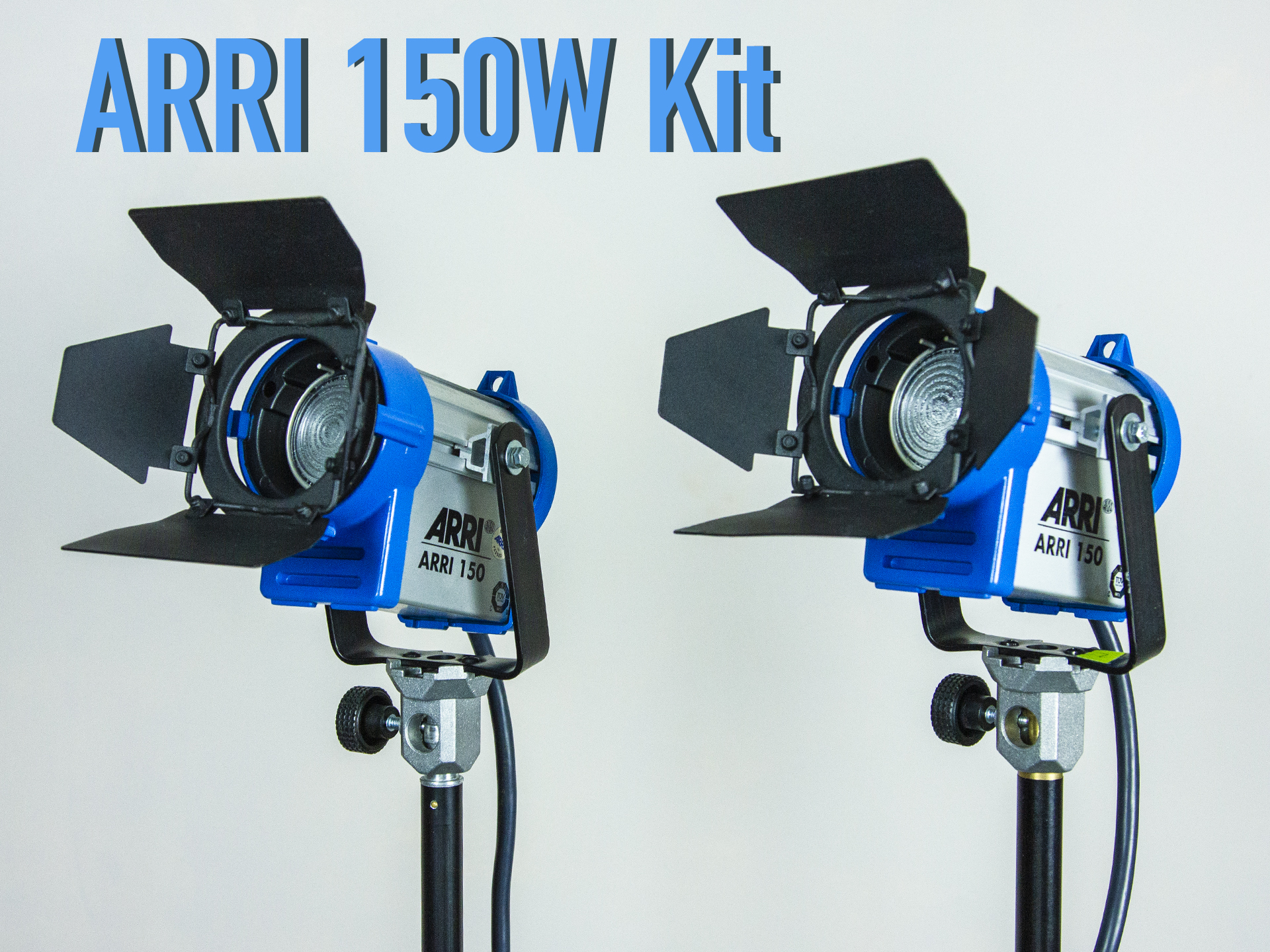Arri 150w tungsten lighting kit with stands and scrims. fresnel lights
