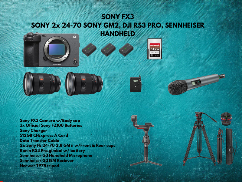 Sony fx3 sony 2x 24-70 sony gm2, dji rs3 pro, sennheiser handheld + tripod