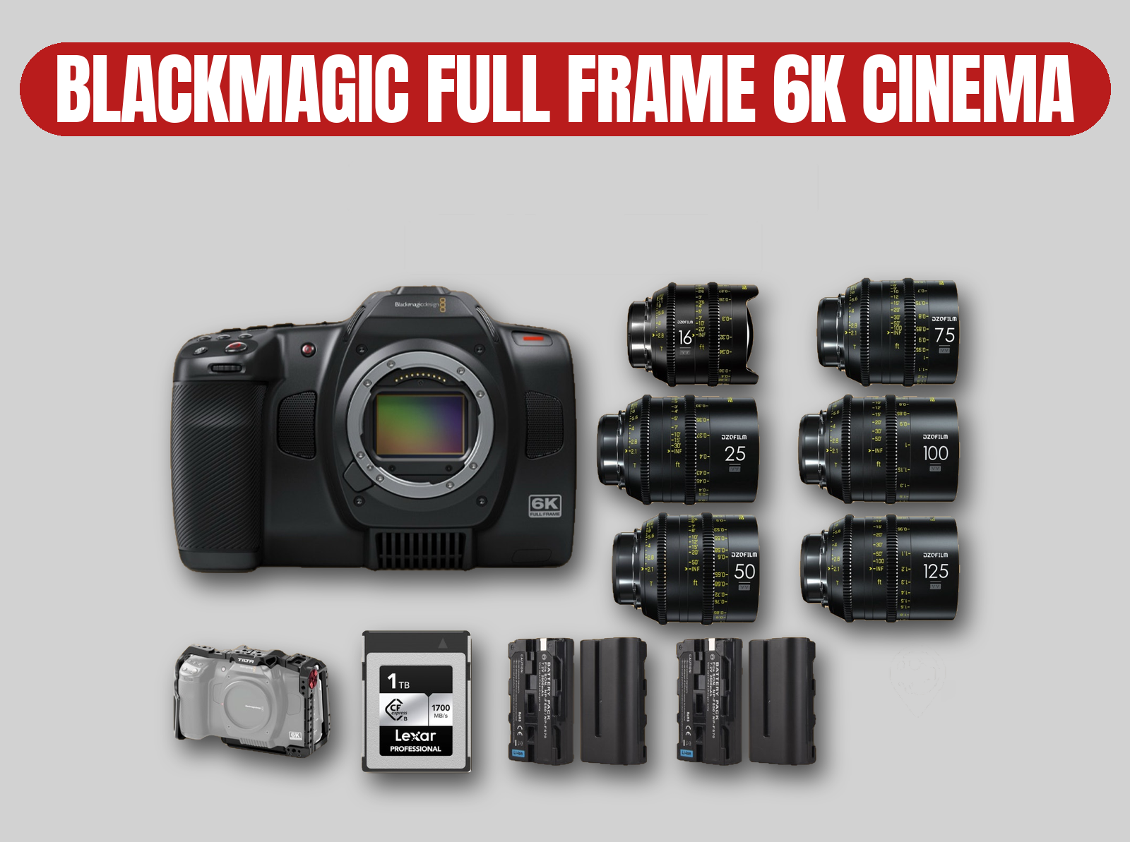 Blackmagic bmpcc 6k full frame cinema camera | dzo vespid prime lens set (16, 25, 50, 75, 100, 125mm)