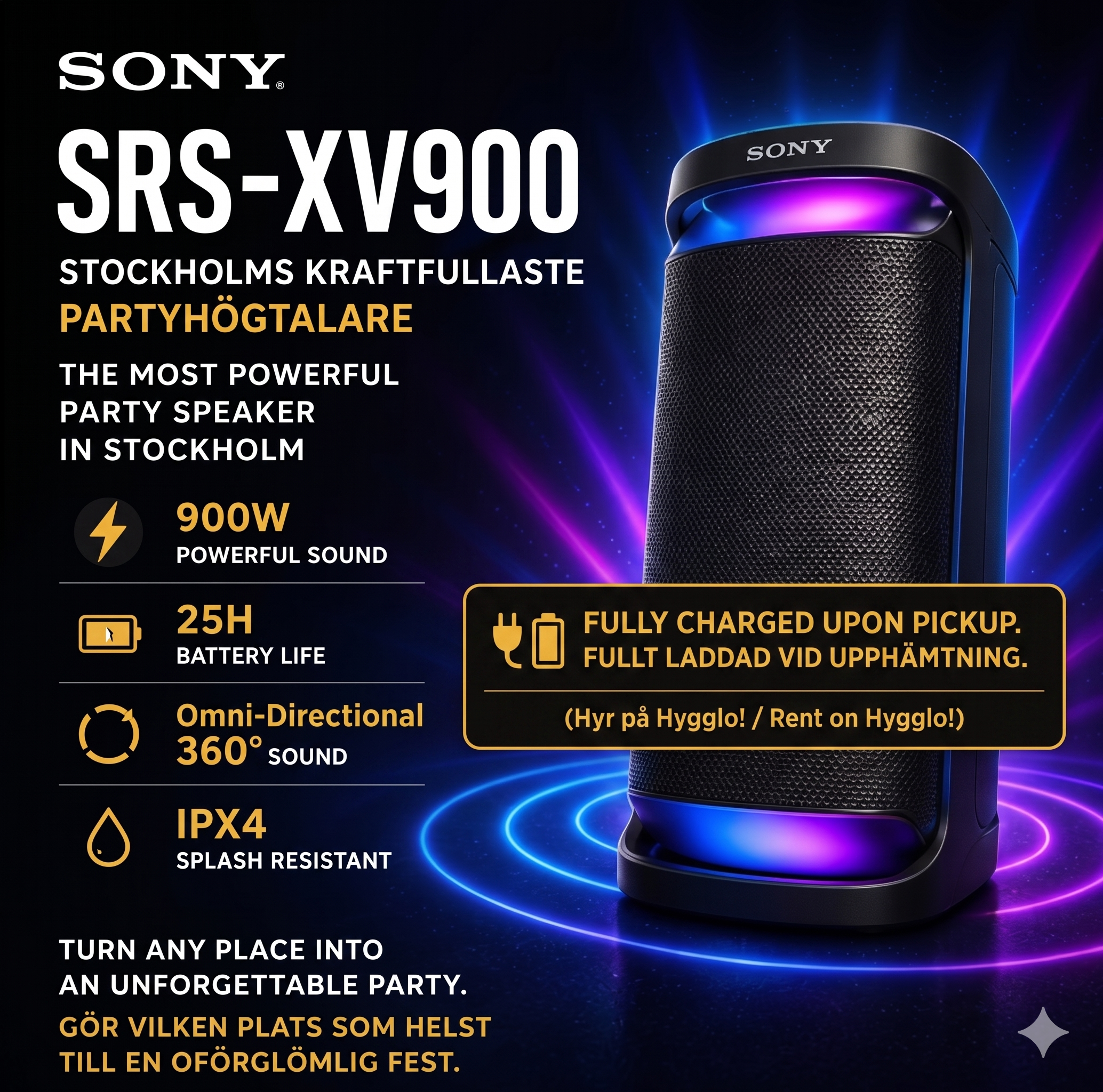 🔊 sony srs-xv900 – stockholms tyngsta partyhögtalare (900w | 25h batteri) 🔋