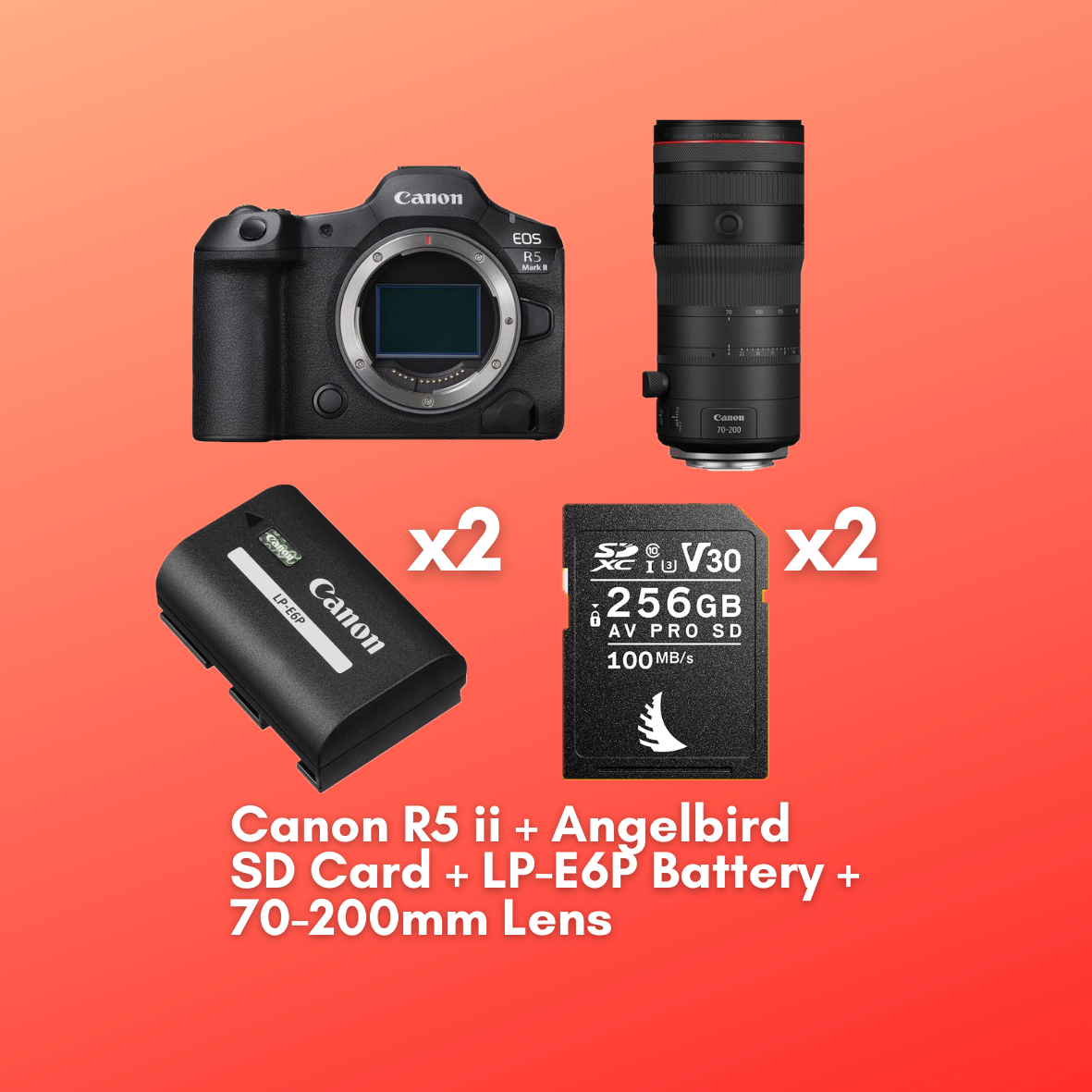 Canon eos r5 mark ii + rf 70–200mm f/2.8 l + 2× angelbird 256gb sd + 2× lp-e6p