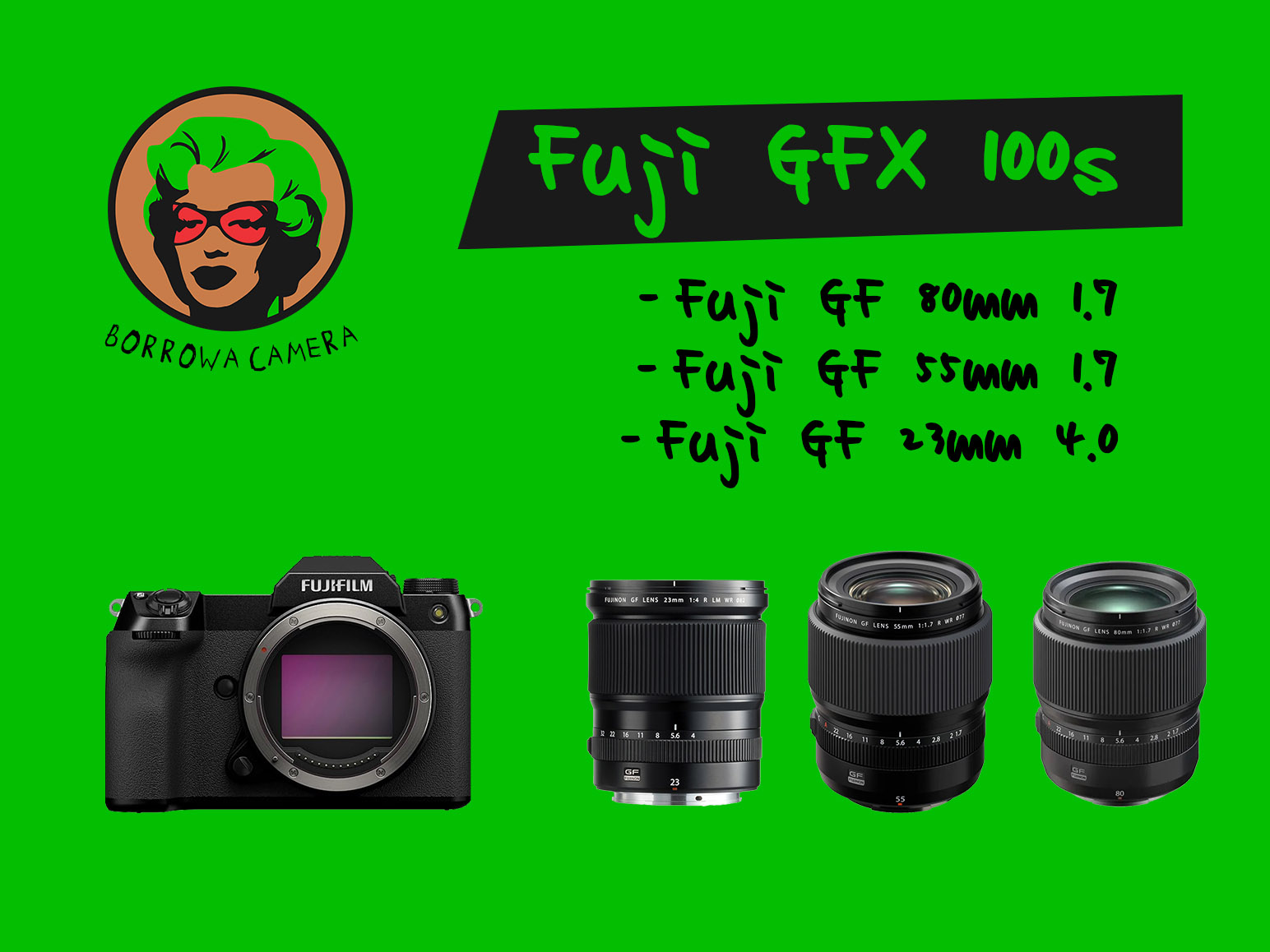 Fuji gfx 100s + 80mm 1.7 + 55mm 1.7 + 23mm 4.0 + sd card