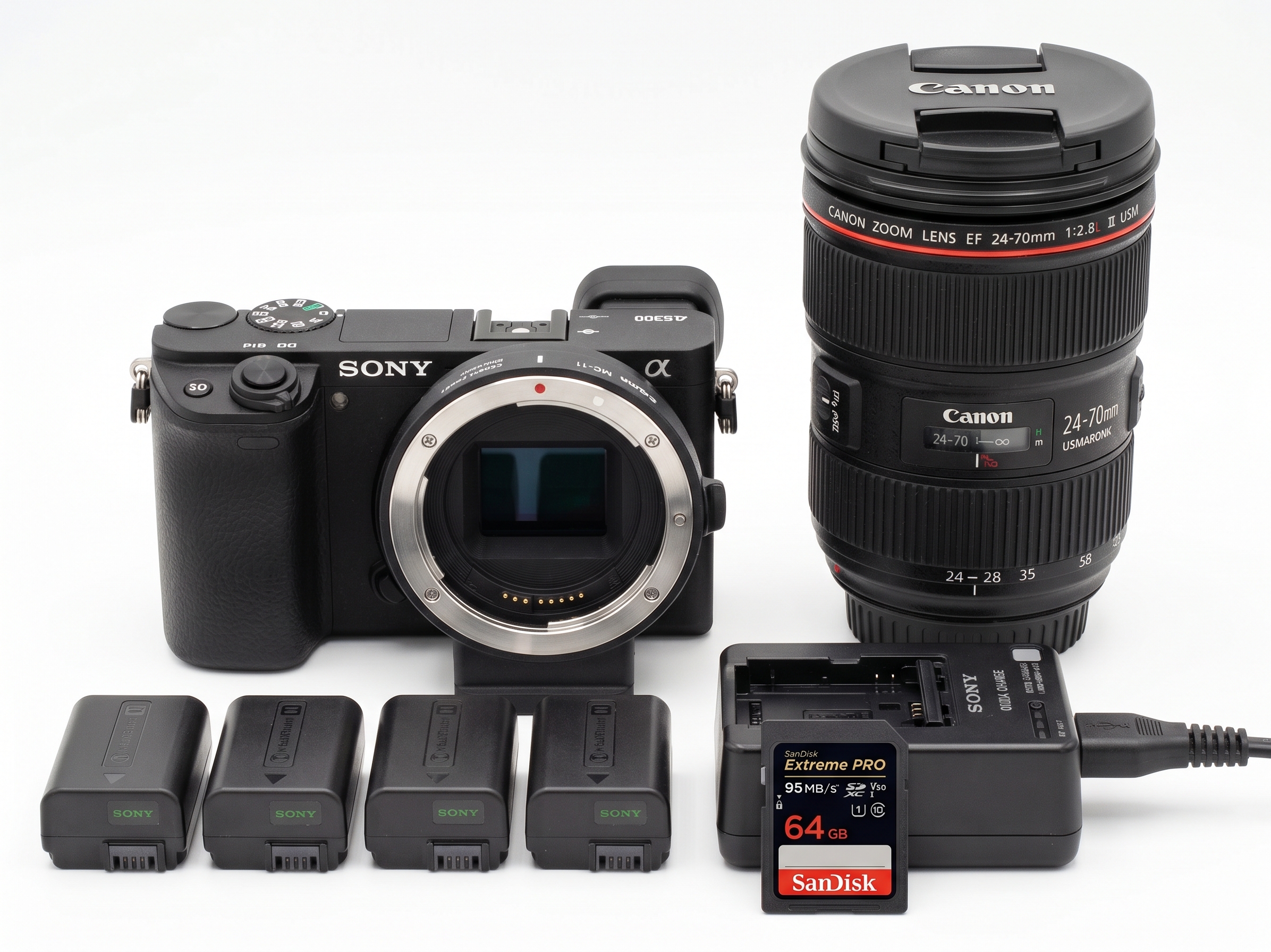 Sony a6300 med canon 24-70 f2.8, minnekort, batterier og lader