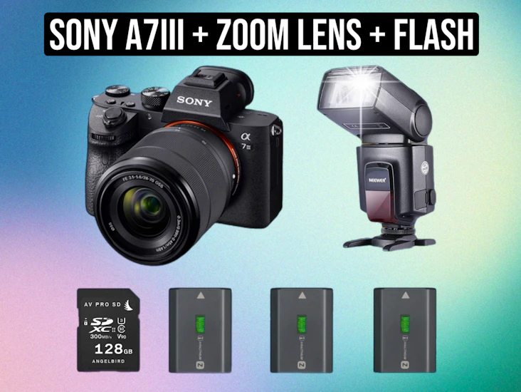 Sony a7iii a7 iii a73 mirrorless full frame camera – photography video content creator kit + zoom lens + flash