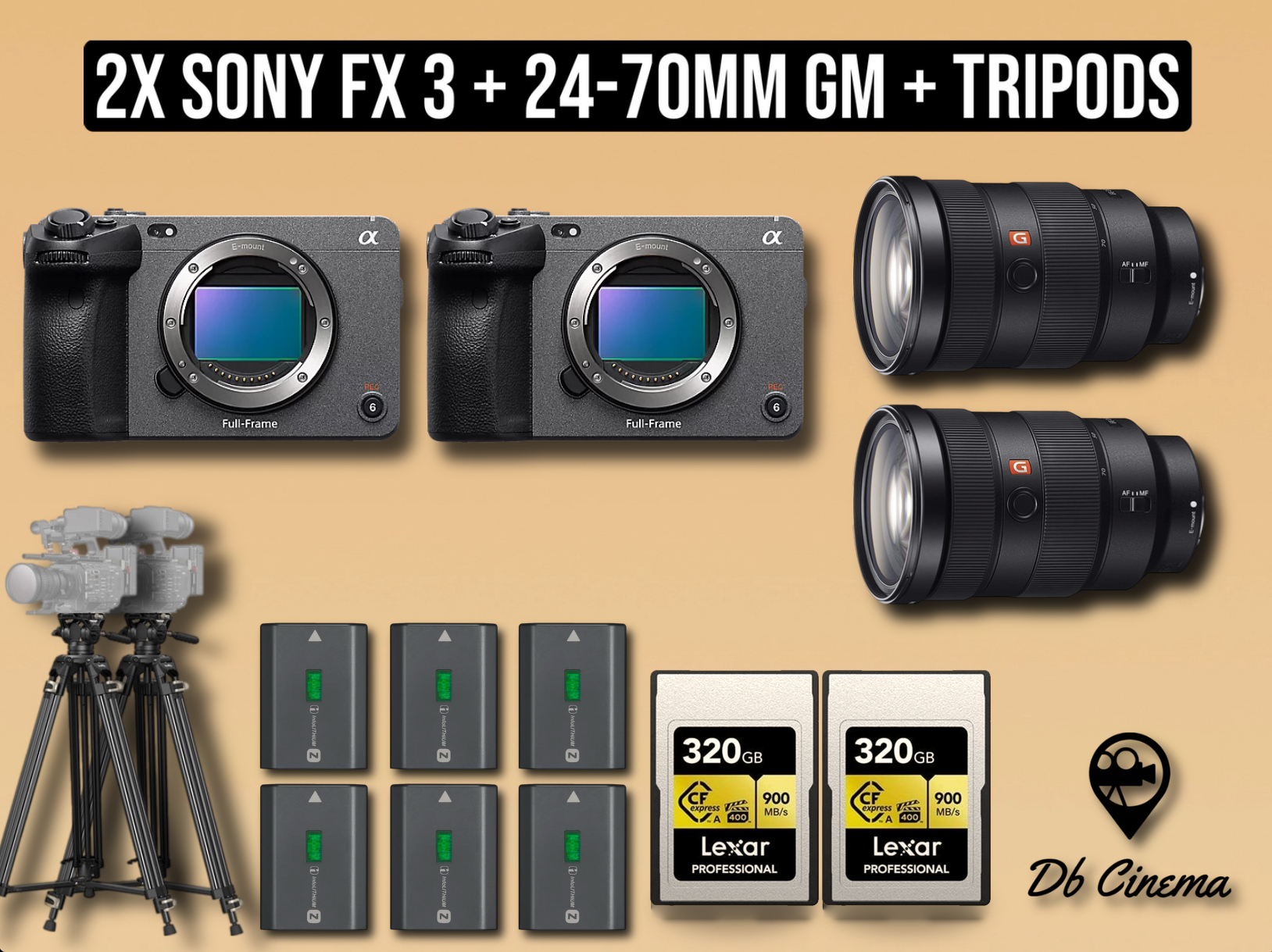 2x sony fx3 fx 3 full frame camera + 2x tripods small + 2x sony 24-70 mm zoom lens f2.8 gmaster g-master gm